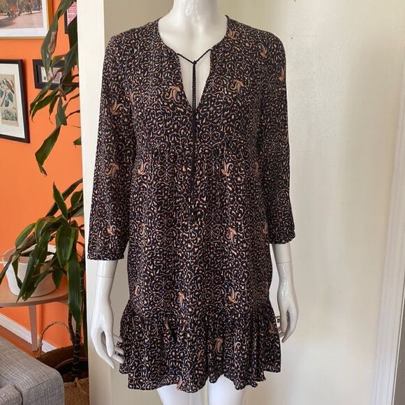 Madewell Black Printed Silk Fiesta Paisley Bell-Sleeve Mini Tunic Dress Size 2 - Picture 5 of 16